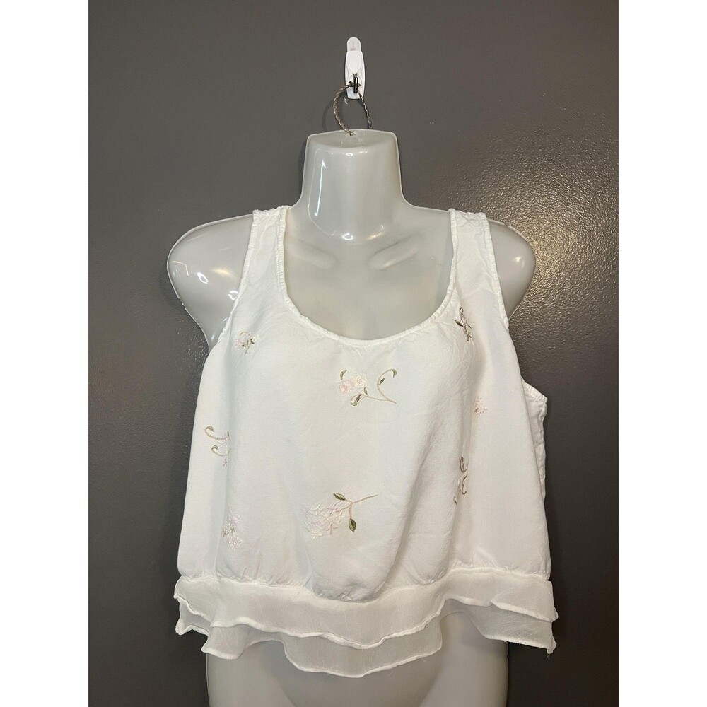 L Pogee Tank Top Womens L XL White Embroidered Floral Ruffle Hem Rayon